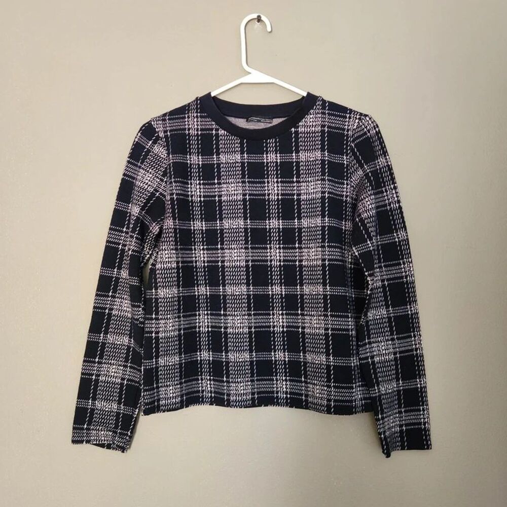 Zara Navy Crewneck Plaid Sweater, Size Medium